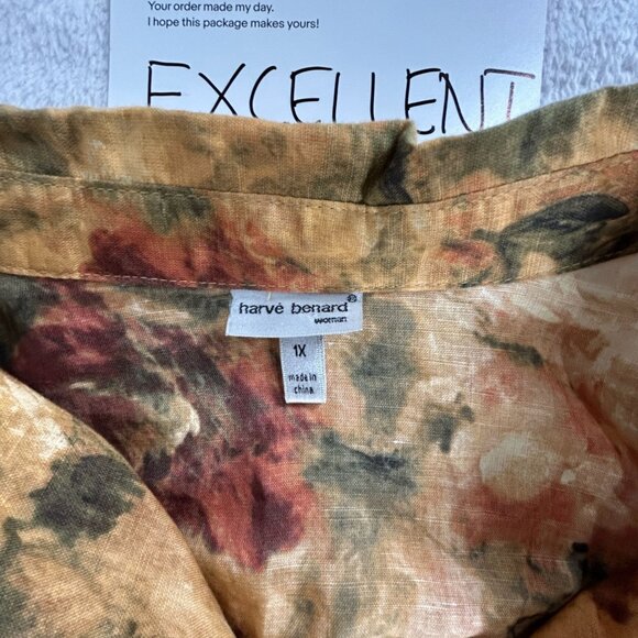 Harvé Bernard Womens Floral Button-Up Shirt Size 1X Brown Linen-Cotton Blend - Picture 3 of 8